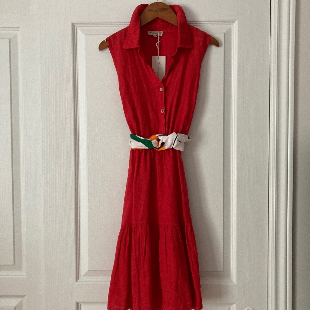 Sleeveless Collared Red Midi Dress with Scarf Tie